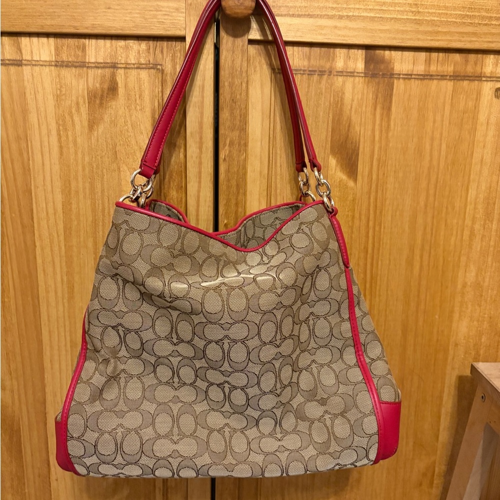 Coach Phoebe Signature Canvas Tote Bag - Khaki / Red